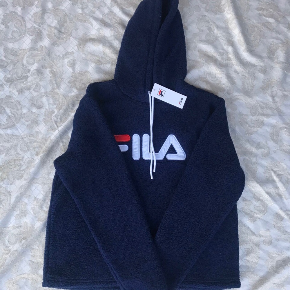 - navy blue fila sherpa hoodie